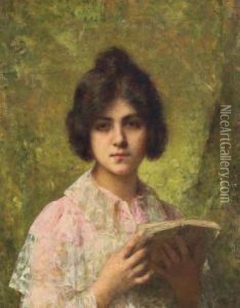 A Young Woman Holding A Book Oil Painting - Alexei Alexeivich Harlamoff