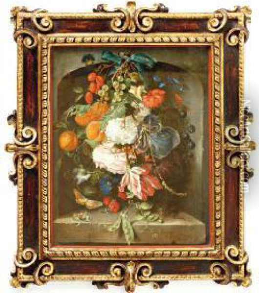 Een Festoen Met Bloemen En Fruit, Hangend In Een Nis Oil Painting - Jacob van Walscapelle