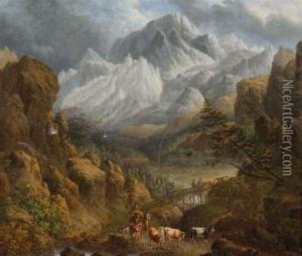 A Drover And Cattle Fording A Bridge In A Mountainous Landscape Oil Painting - Charles Towne