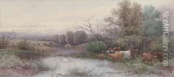 Cattle Watering At Dusk (illustrated); And Sheep Resting By Ariver Oil Painting - Thomas, Tom Rowden