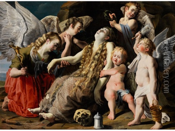 Maria Magdalena In Ekstase Wird Von Den Engeln Getrostet Oil Painting - Abraham Janssens