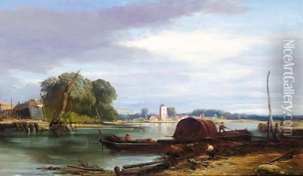 Loading Barges On The Thames Oil Painting - William James Muller