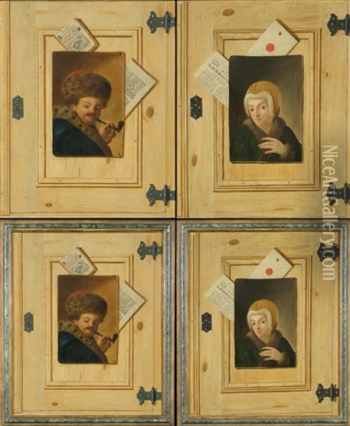 Pair Of Works: Trompe-l'oeils With Portraits Of A Lady And A Gentleman Oil Painting - Justus Juncker