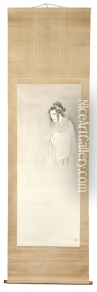 Depicting A Female Yokai (ghost), Dressed In A White Burial Kimono With Black Dishevelled Hair, Floating In The Air (diptych) Oil Painting - Kutoba Beisen