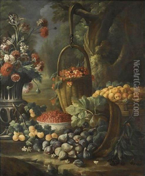 An Upturned Basket Of Figs, Together With Apricots, Other Fruit And Flowers In A Landscape Setting Oil Painting - Baldassare De Caro