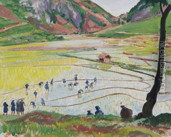 Paysans Dans La Riziere (peasants In The Ricefiel) Oil Painting - Georges Barriere