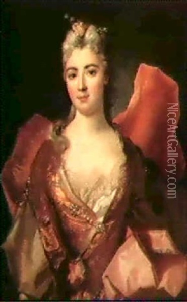 Portrait De Mme. La Marquise D'imfroit, Aime Du Regent,     Wearing A Gold Brocade Court Dress And Elaborate Pearl... Oil Painting - Nicolas de Largilliere