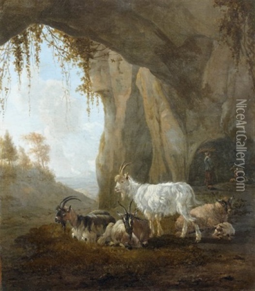 Troupeau De Chevres Dans Un Paysage De Grotte Oil Painting - Karel Dujardin