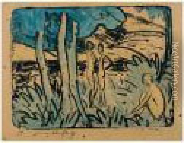 Drei Madchen Im Wald (kleine 
Akte In Landschaft) (three Girls In A Wood - Small Nudes In A Landscape) Oil Painting - Otto Mueller
