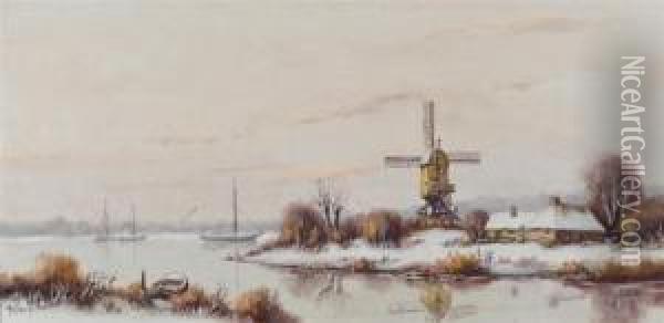 A Winter Dutch Scene With Windmill Beside Water And Boats Oil Painting - Anton Muller