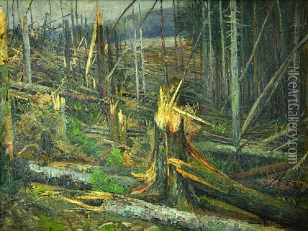 The Tragedy Of The Forest On A Gate By Windstorm Oil Painting - Vaclav Brezina