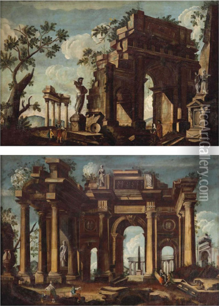 A Capriccio Of A Classical Ruin With Figures; And A Capriccio Withfigures Admiring A Sculpture Near A Classical Arch Oil Painting - Nicolo Viviani Codazzi