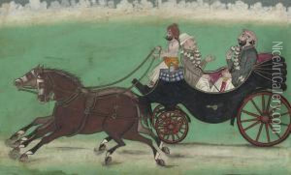 A European And An Indian Riding In A Carriage In The Punjab Oil Painting - Kaha Muhammad