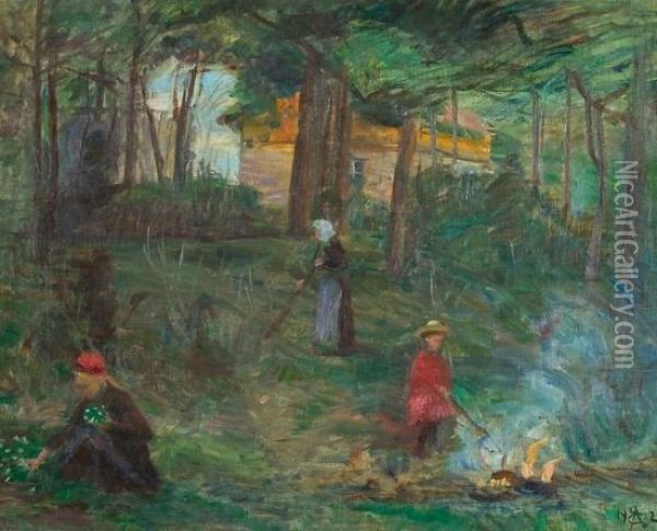 Landskap Med Kvinne Og Barn 1912 Oil Painting - August Eiebakke