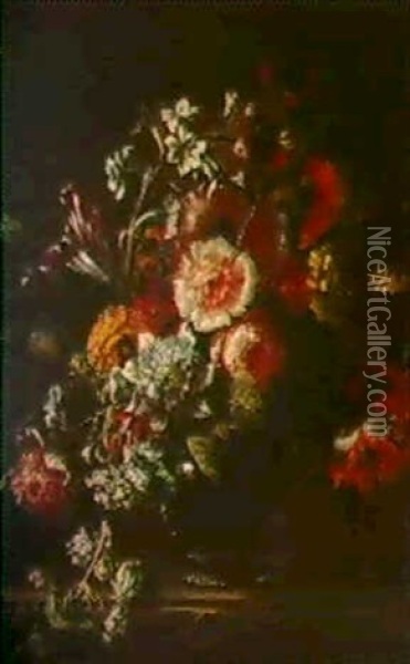 Bouquet De Fleurs Dans Un Vase Sur Un Entablement De Pierre Oil Painting - Jean-Baptiste Monnoyer