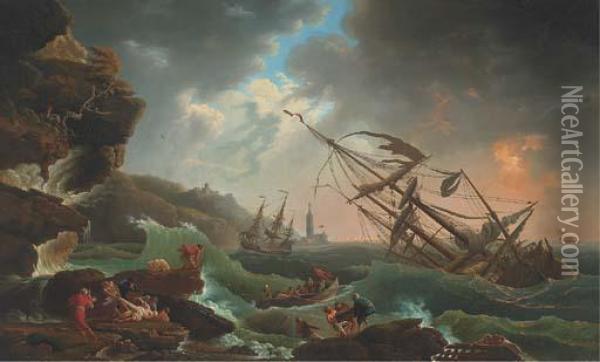A Mediterranean Coast With A Shipwreck In Stormy Seas, Castaways Inthe Foreground Oil Painting - Claude-joseph Vernet