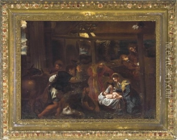 Adoration Of The Shepherds (after Titian) Oil Painting - Jacopo dal Ponte Bassano