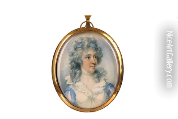 Portrait Miniature Of Anne Parker, Wife Of Sir Henry Martin, Wearing White Dress With Frilled Neckline Oil Painting - Moses Griffith