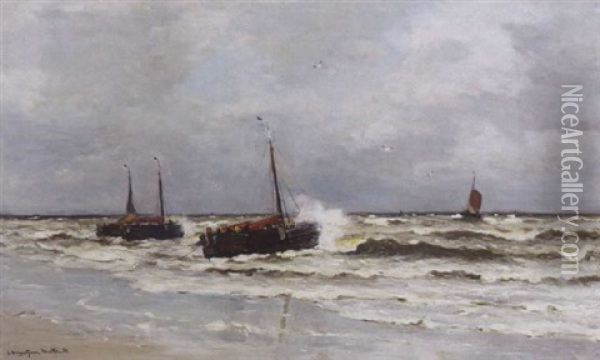 Bomschuiten With Fishermen In The Breakers, Katwijk Oil Painting - Gerhard Arij Ludwig Morgenstjerne Munthe