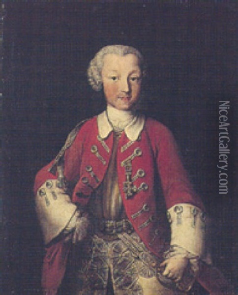 Portrait Of A Young Boy Wearing A Scarlet Tunic, His Right Hand Resting On A Sword Oil Painting - Antoine Pesne