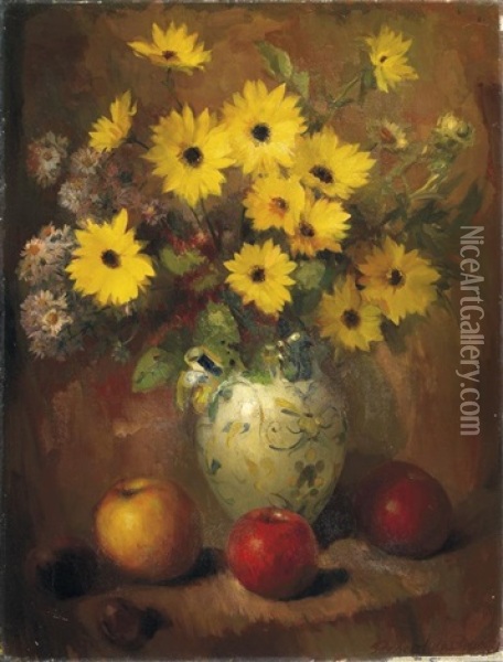 Stilleben. Neben Drei Apfeln Auf Dem Tisch Eine Vase Mit Herbstblumen Oil Painting - Pascal De Beucker