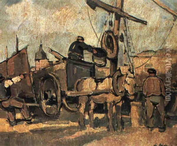 Dechargement Dans Le Port De Concarneau Oil Painting - Pierre De Belay