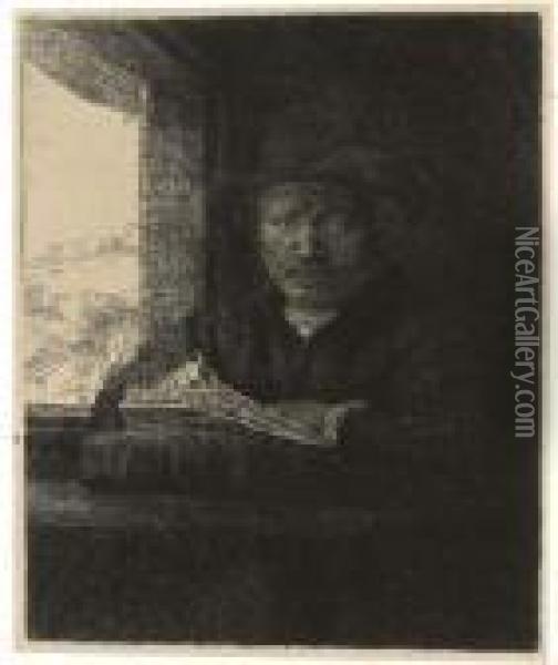 Self Portrait Drawing At A Window (b., Holl. 22; H. 229) Oil Painting - Rembrandt Van Rijn