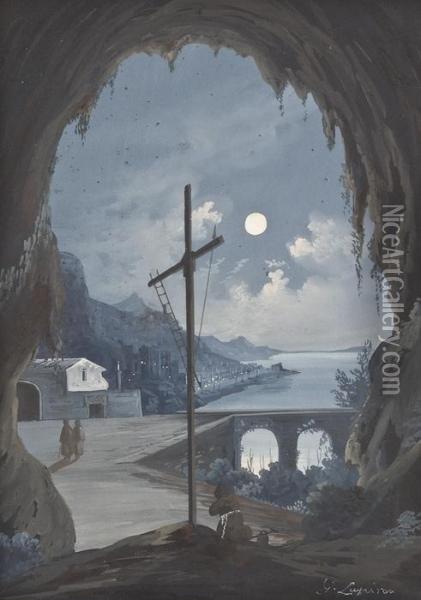 Veduta Notturna Di Amalfi Dalla Grotta Deicappuccini Oil Painting - Gioacchino La Pira