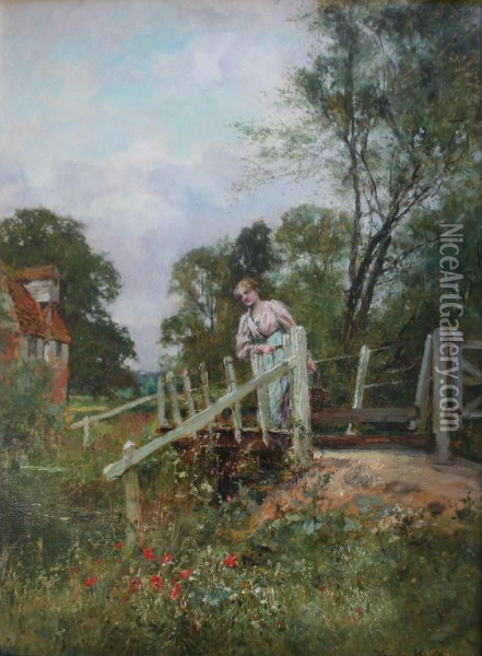 Lady On A Country Bridge Oil Painting - Henry John Yeend King