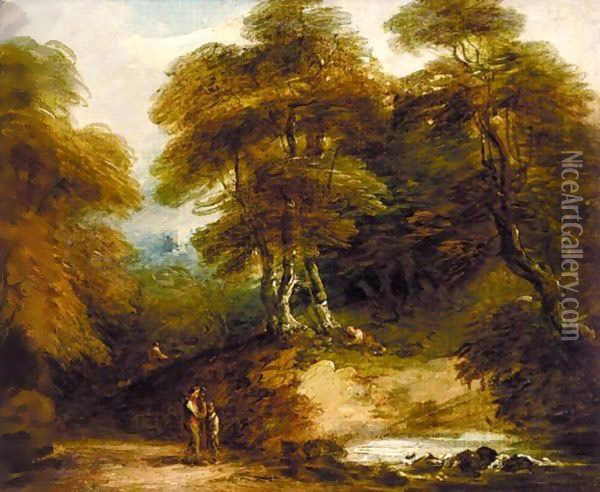 Rustic Landscape With Figures By A Stream Oil Painting - Thomas Barker of Bath