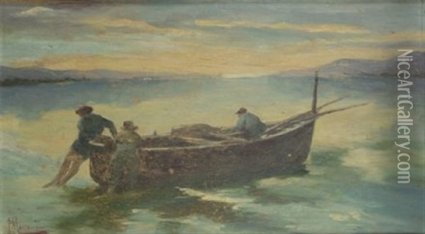 Barca Con Pescatori Oil Painting - Pompeo Massani