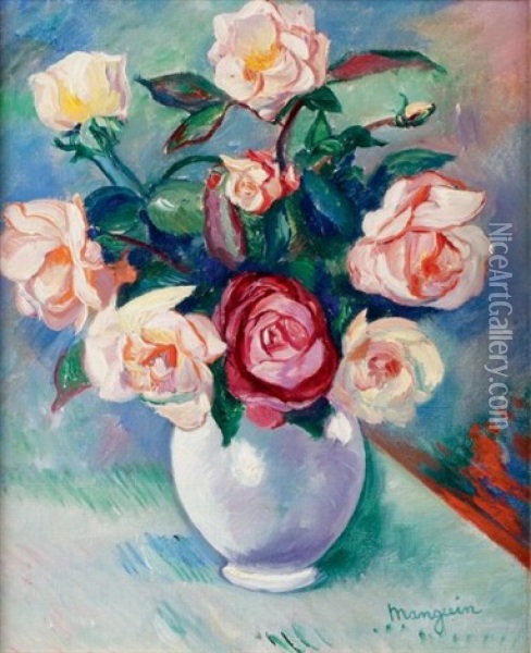 Roses Dans Un Vase Blanc Oil Painting - Henri Charles Manguin
