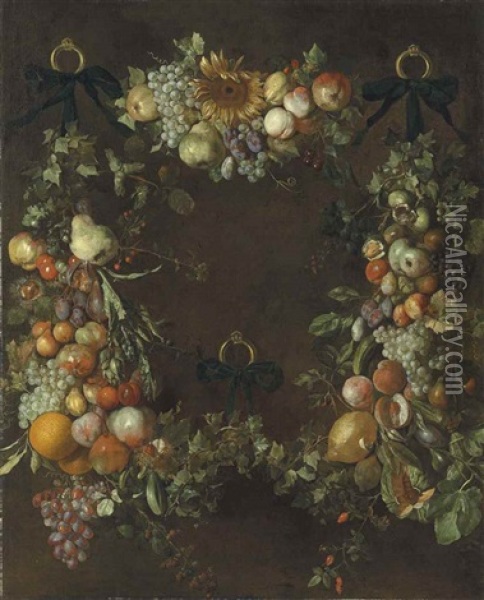 A Garland Of Fruits And Flowers Oil Painting - Luca Forte