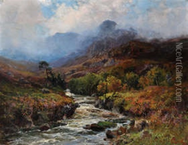 An Upland River Landscape With A Misty Peak In The Background Oil Painting - John Falconar Slater