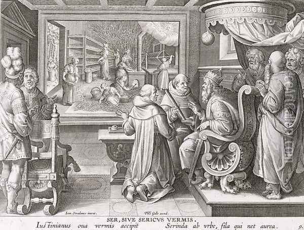 The Beginning of the Silk Industry in Europe, plate 9 from Nova Reperta New Discoveries engraved by Philip Galle 1537-1612 c.1600 Oil Painting - Giovanni Stradano