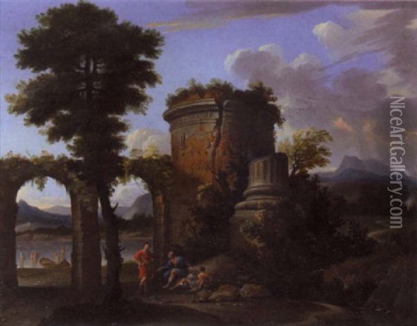 Classical Landscape With A Biblical Scene (the Calling Of The Disciples?), Before The Tomb Of Cecilia Metella Oil Painting - Thomas Blanchet
