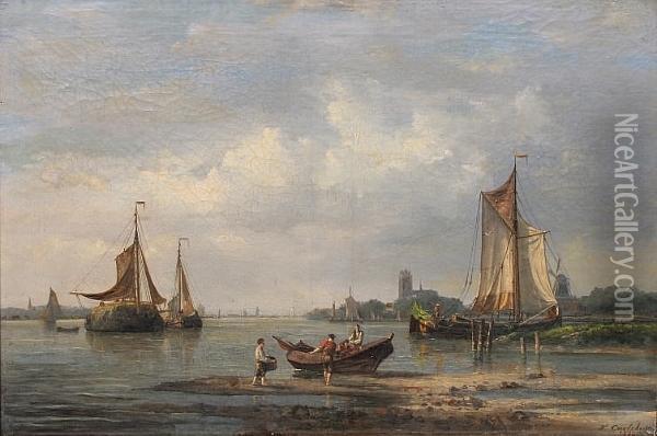 Unloading A Boat, Sailing Barges Nearby 'f. Carlebur 1874' Oil Painting - Francois Carlebur Of Dordrecht