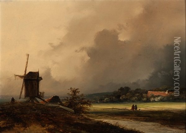Landscape With Windmill Oil Painting - Johannes Franciscus Hoppenbrouwers