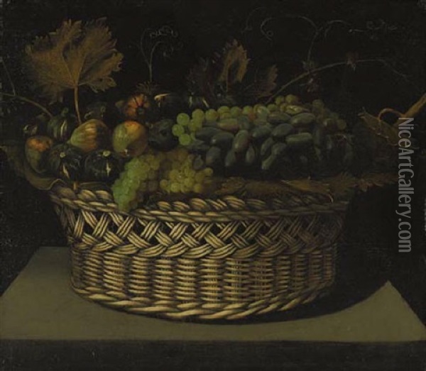 Figs And Grapes In A Beasket On A Ledge Oil Painting - Juan Van Der Hamen Y Leon