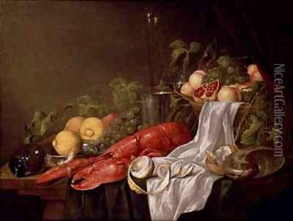 Still life of fruit and a lobster on a cloth draped table Oil Painting - Jasper Geerards