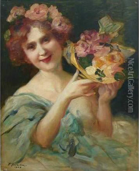 Jeune Femme Tenant Des Fleurs. Oil Painting - Felix Courche