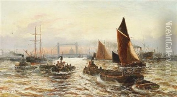 On The Thames At Wapping (the Pool) Oil Painting - Edward Henry Eugene Fletcher