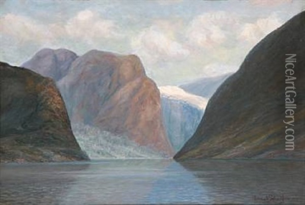Norwegian Fiord Scene Oil Painting - Conrad Hans Selmyhr