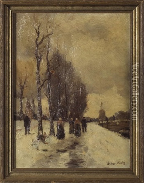 Snow Scene With Figures Walking Along A Canal Oil Painting - Gustav Wolff