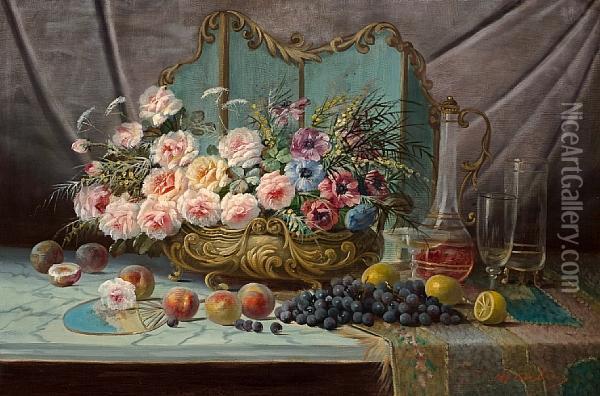 Still Life Of Flowers, Fruit, A Decanter And Glasses Oil Painting - Max Carlier