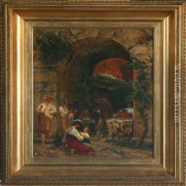 Scenery With Persons Under A Brigde Oil Painting - Thorald Laessoe
