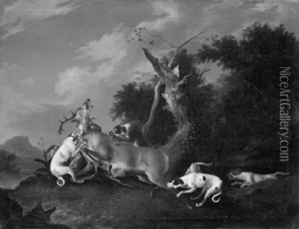 Acht Jagdhunde Stellen Am Waldrand Einem Kapitalen Hirsch Oil Painting - Carl Borromaus Andreas Ruthart