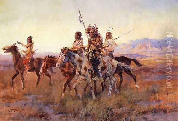 Four Mounted Indians Oil Painting - Charles Marion Russell