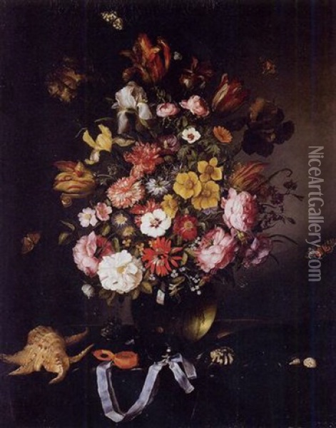 Still Life Of Flowers In A Glass Vase With Butterflies, Seashells And A Pocket Watch Oil Painting - Pieter Adriaens van de Venne