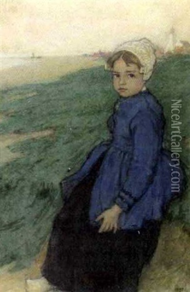 Portrait De Fillette Hollandaise - Madeleine Daye A 6 Ans Oil Painting - Charles William Bartlett